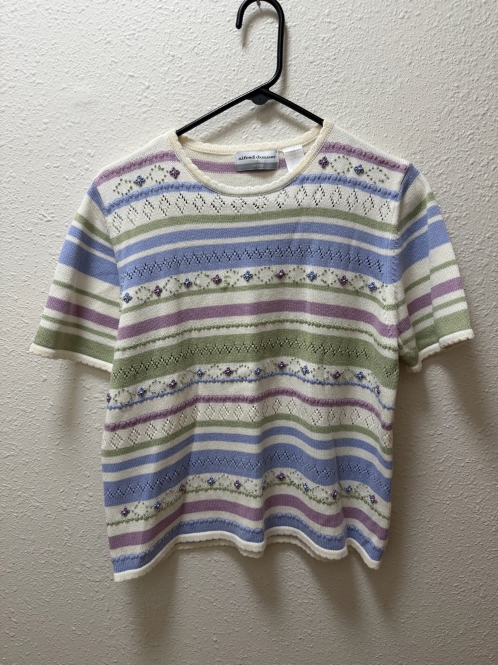 Alfred Dunner Cream Sweater with Lavender, Blue & Sage Stripes